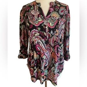 COCOMO Small Black Pink paisley 3/4 sleeve women's Pintuck Blouse tunic …